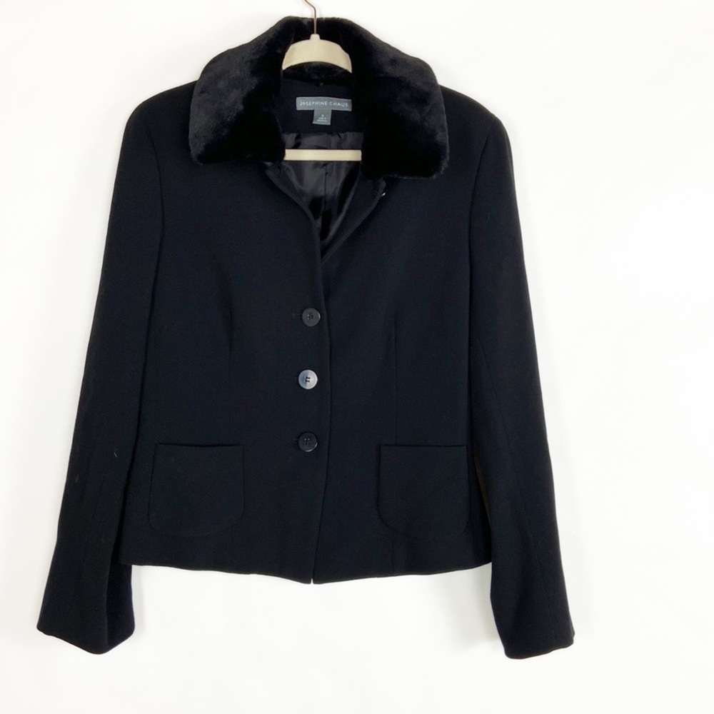 Josephine Chaus Virgin Wool Detachable Vegan Fur Collar Blazer Suit Jacket